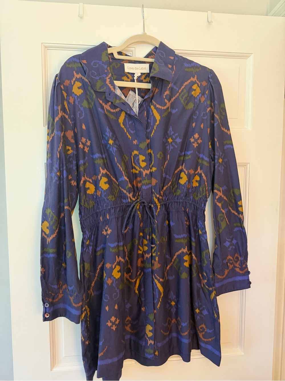 Love the Label Navy Ikat-Print Long Sleeve Drawstring Dress